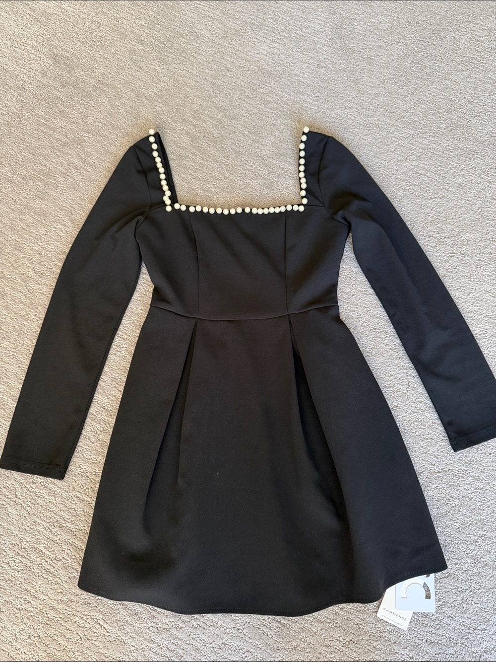 Commense Black Long-Sleeve Square-Neck Dress with Pearl Trim